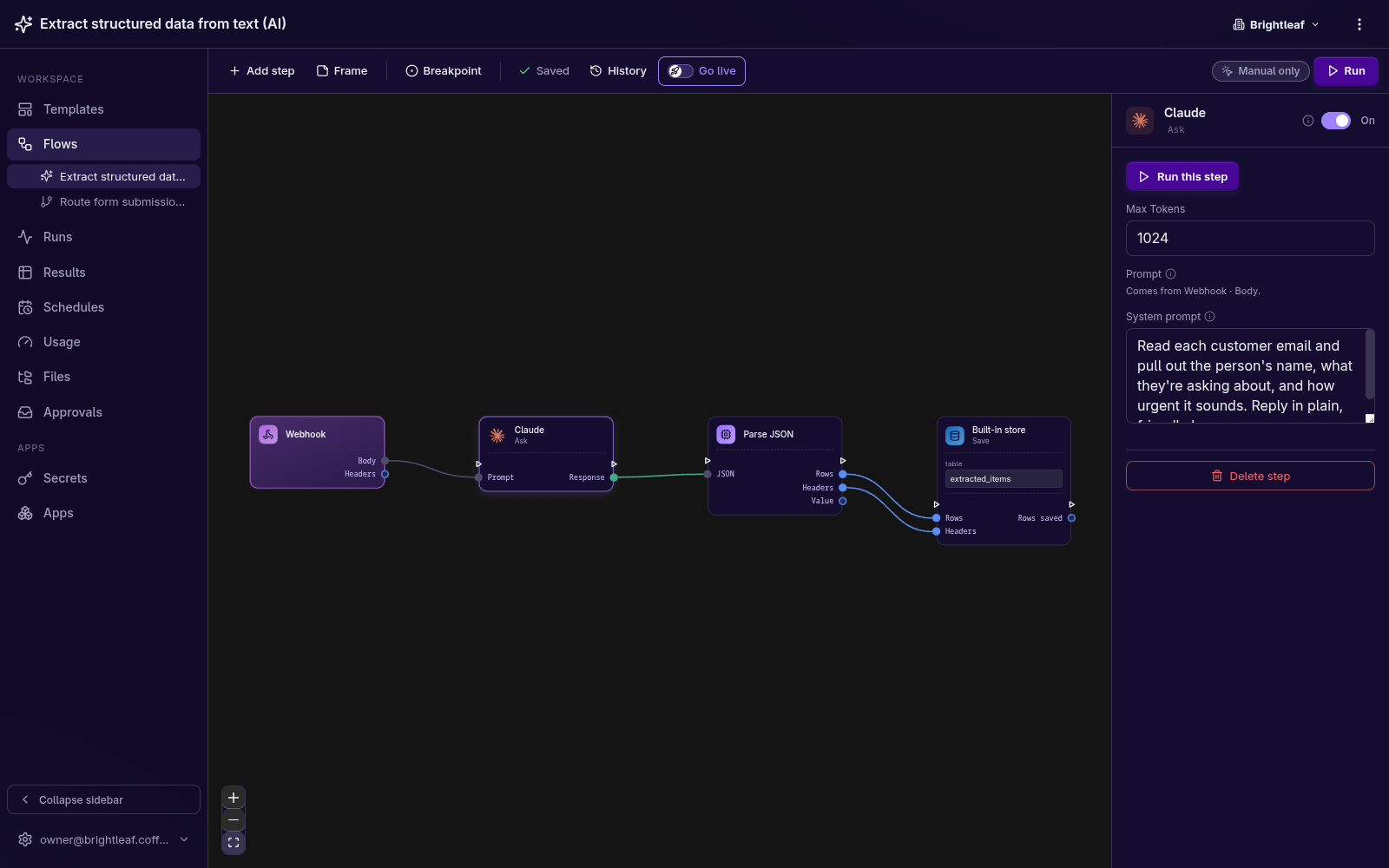 A Dazyflow workflow with three steps: read new reviews, summarize them with AI, and post to the team. The settings panel shows the plain-English instruction given to the AI.