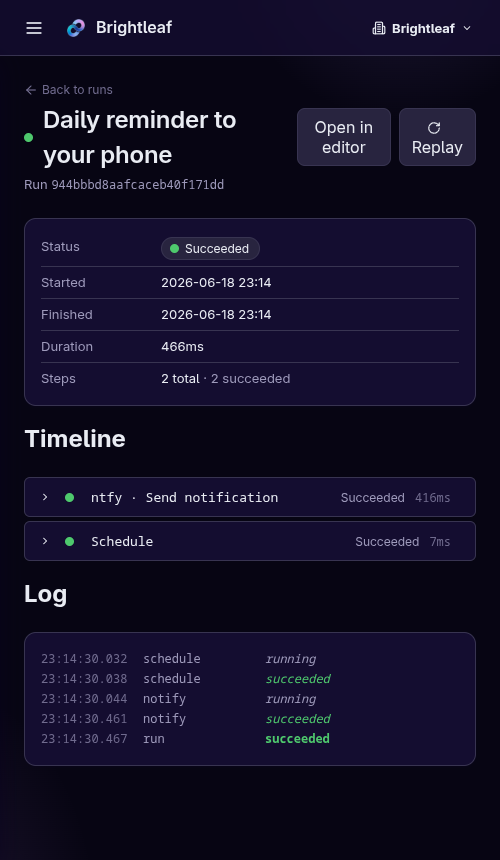 Dazyflow on a phone: a tidy checklist showing each step of a workflow that just ran, every one marked done with a green dot.