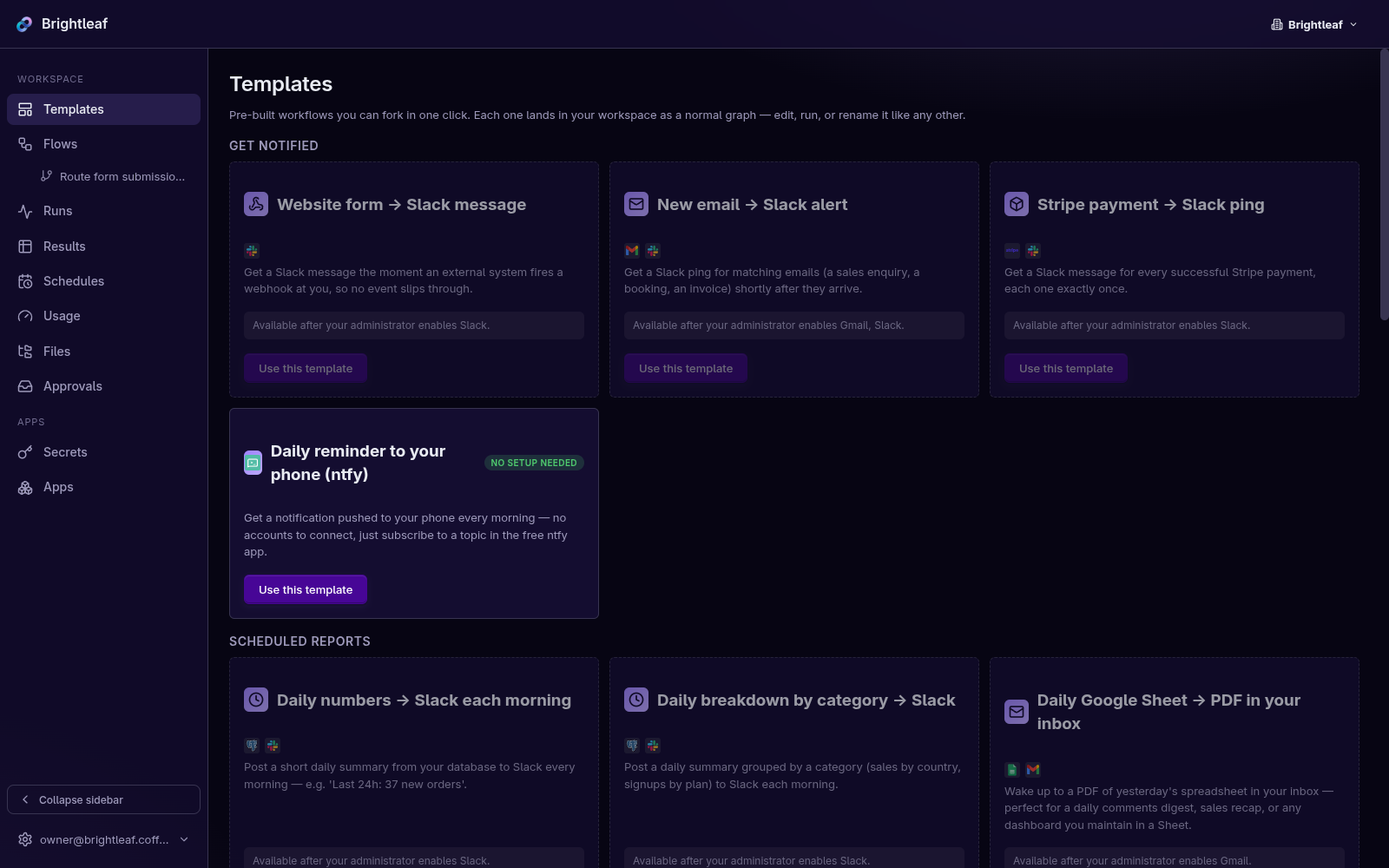 Dazyflow's ready made examples: a grid of starter workflows you can use in one click, each with a short description of what it does.